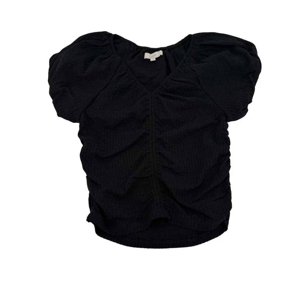 LOFT‎ Seersucker Cinched Bubble Sleeve Black Textured V Neck Top Size Large